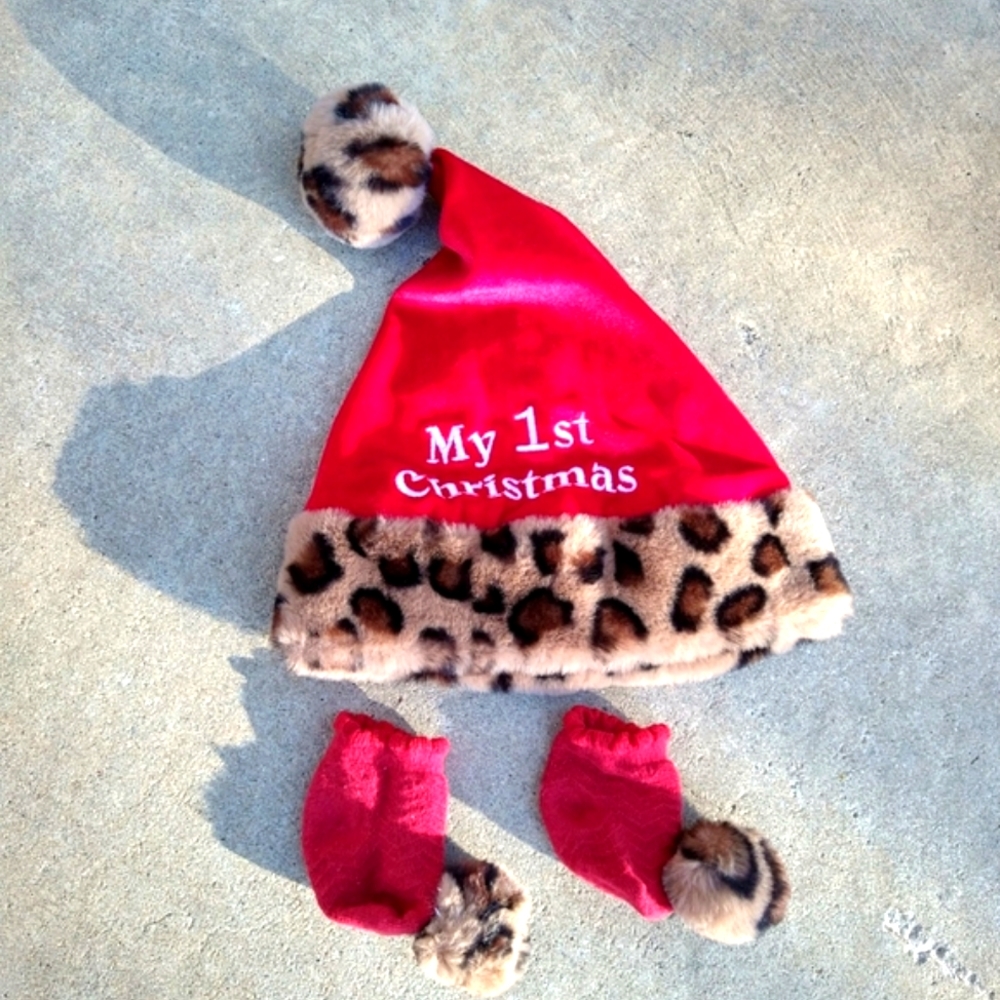 My first Christmas Leopard Hat and booties